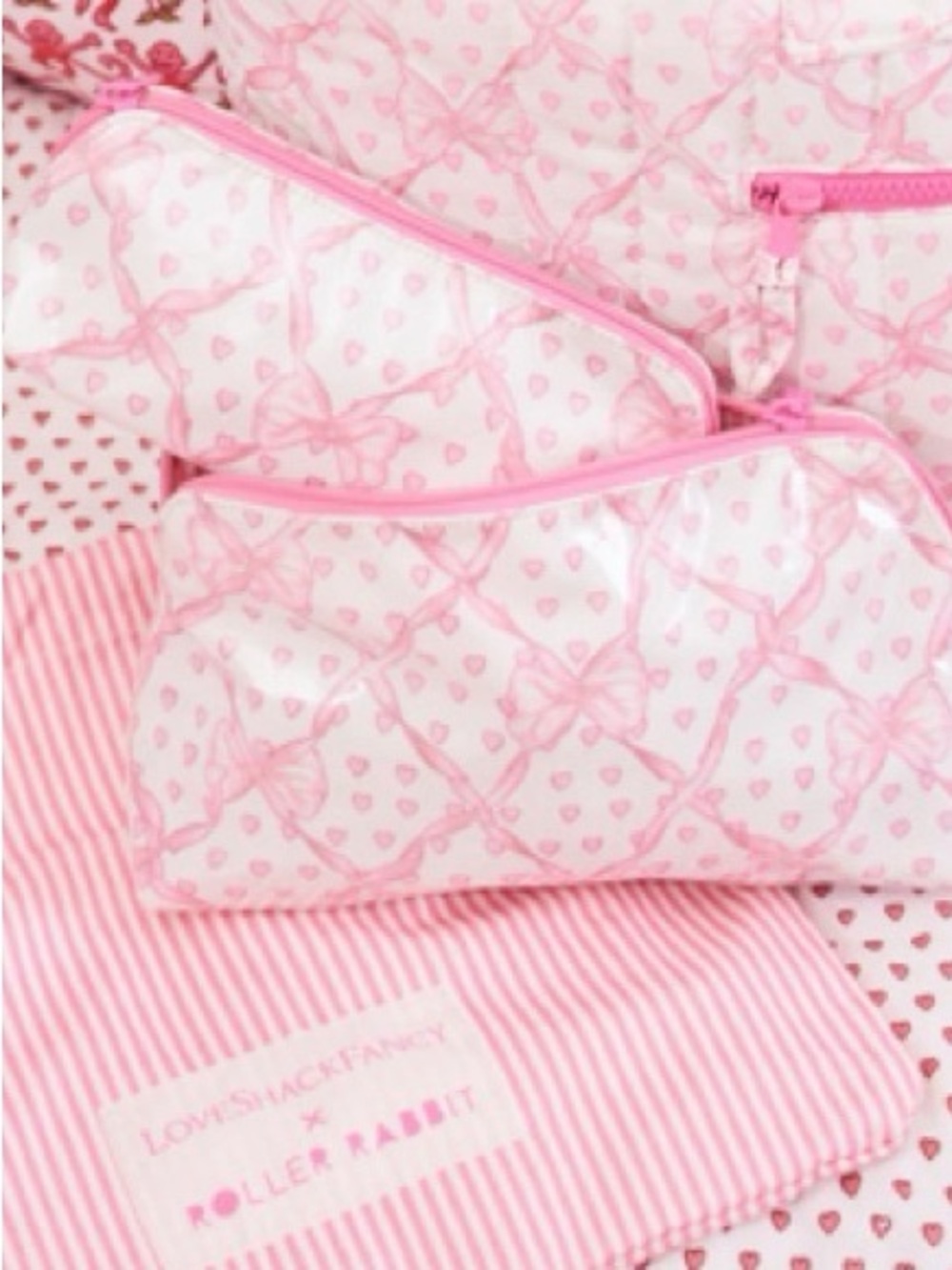 NWT! LoveShackFancy x Roller Rabbit Pink & White Bow Stripe Makeup Bag Heart